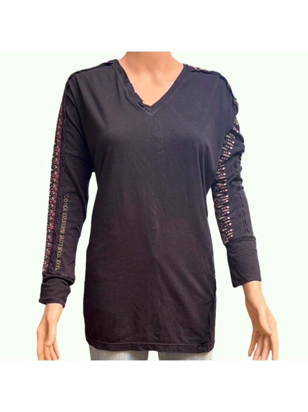 Life is Good Black Cotton Long Sleeve V-Neck Women's Top Medium